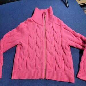 TALBOTS Pink Cable Knit Full Zip Mock Neck Heavyweight Cardigan Sweater Size L
